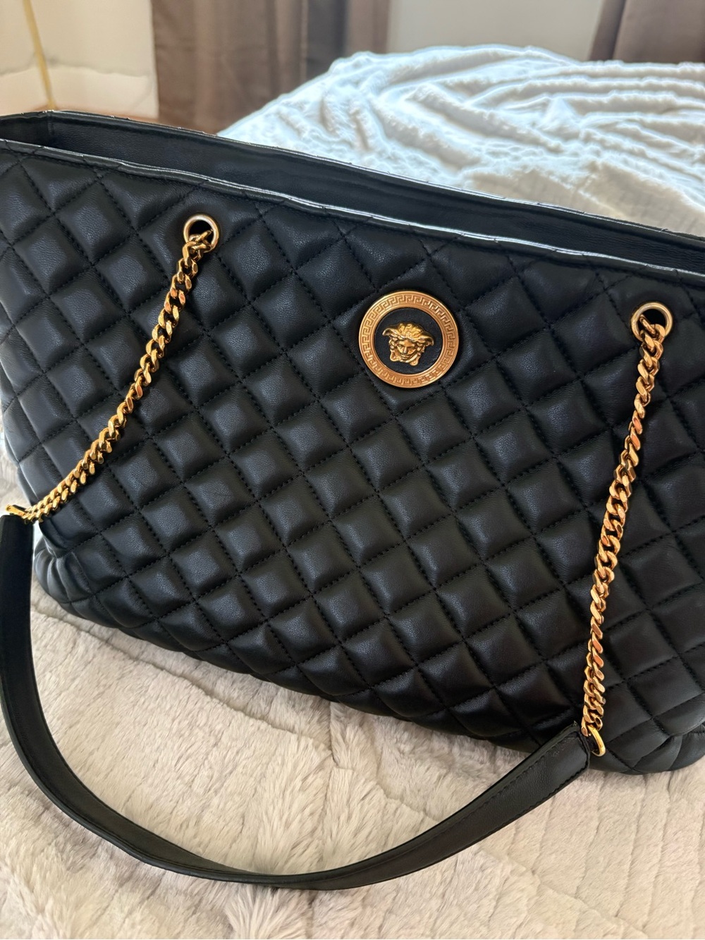 Versace Black Quilted Tote with Gold Accents